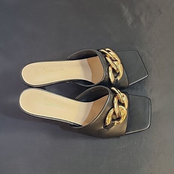 BRAND NEW SHOELAND SQUARE TOE SLIP-ON FOOT OPEN TOE GOLD CHAIN LINKING S… - Picture 5 of 15